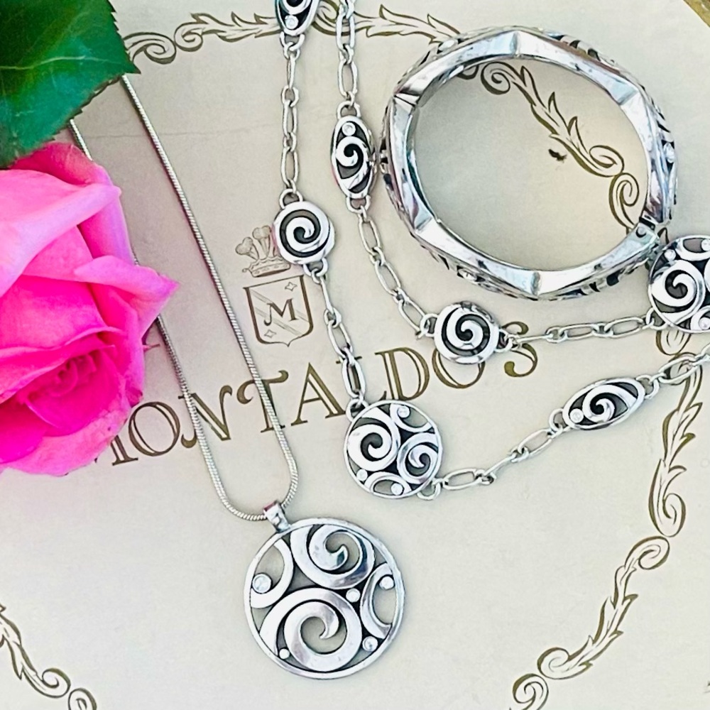 RARE 3 Piece Set Brighton London Groove Swirl Long Necklace Silver Crystal